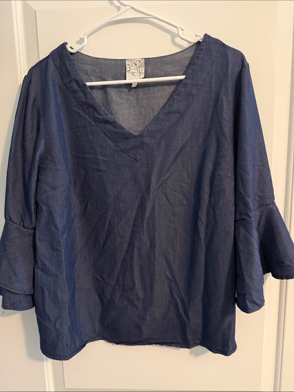 NAIF Blue V-Neck Ruffle Sleeve Blouse